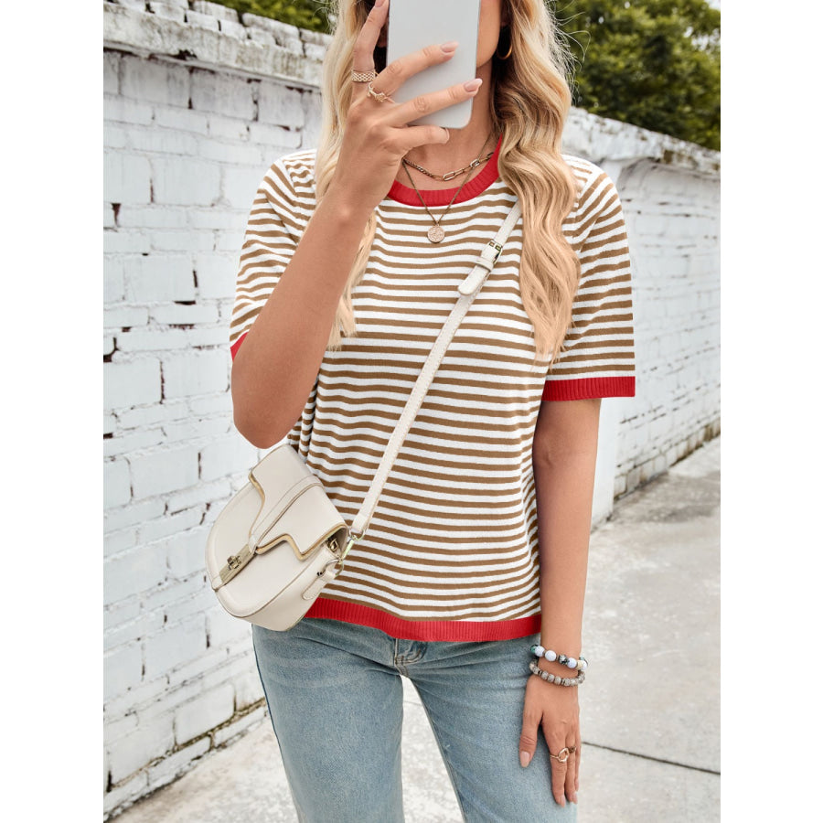 Lovelet Striped Contrast Round Neck Half Sleeve Knit Top Apparel and Accessories