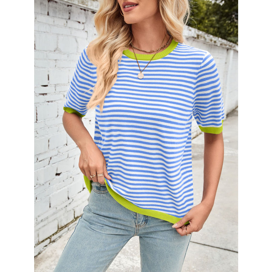 Lovelet Striped Contrast Round Neck Half Sleeve Knit Top Apparel and Accessories