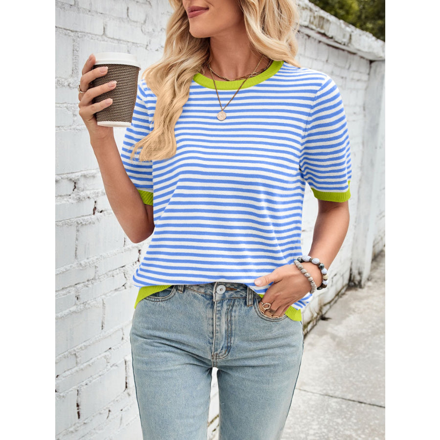 Lovelet Striped Contrast Round Neck Half Sleeve Knit Top Apparel and Accessories