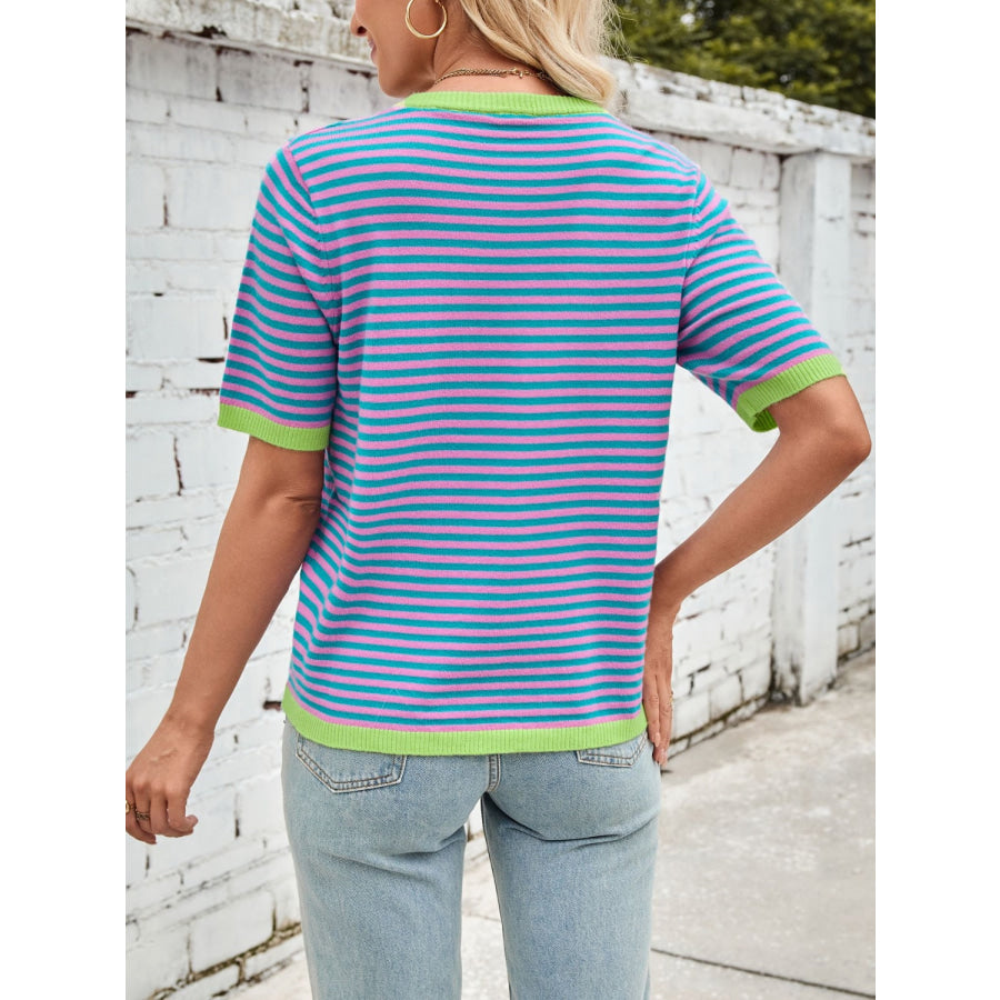 Lovelet Striped Contrast Round Neck Half Sleeve Knit Top Apparel and Accessories