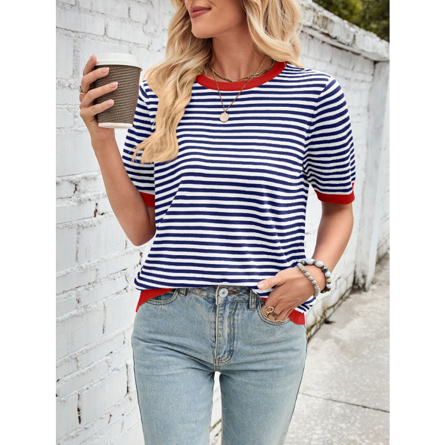 Lovelet Striped Contrast Round Neck Half Sleeve Knit Top Apparel and Accessories