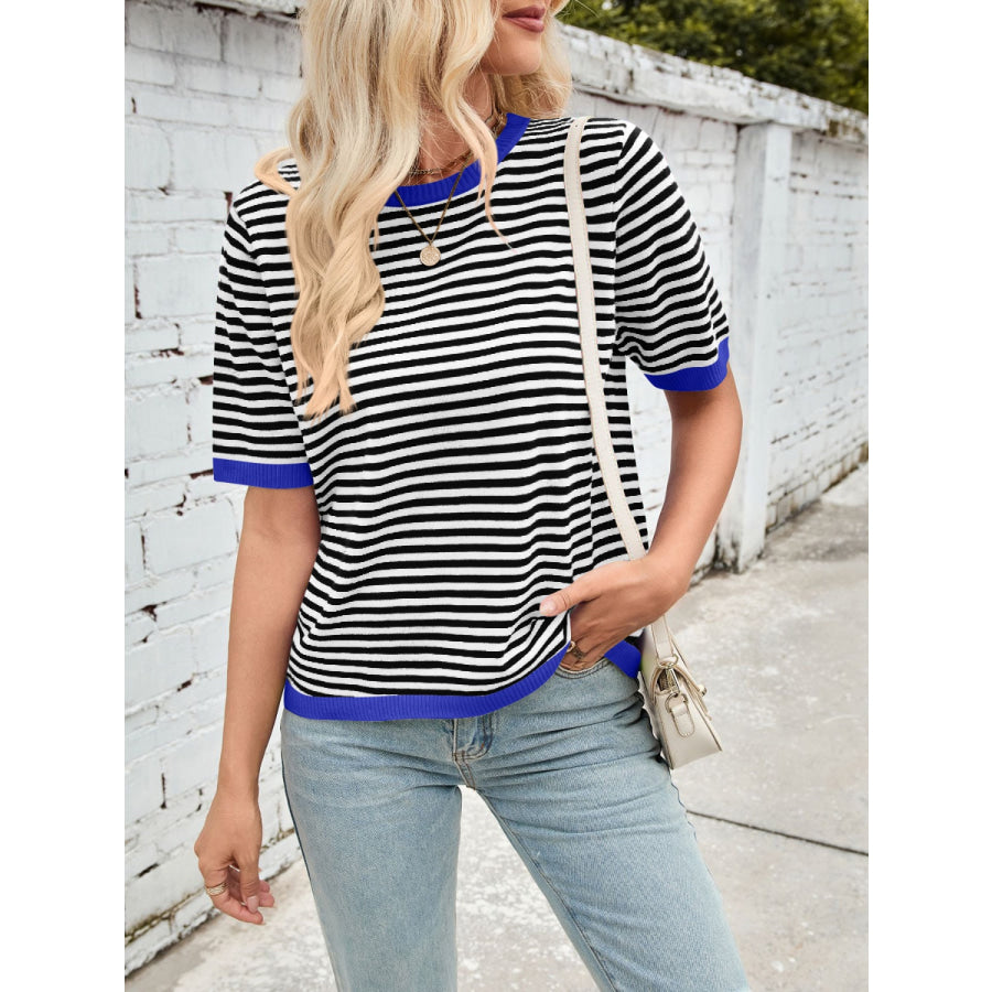 Lovelet Striped Contrast Round Neck Half Sleeve Knit Top Apparel and Accessories