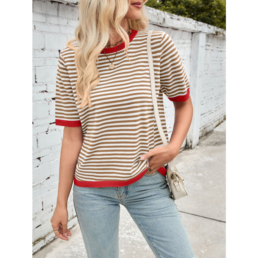 Lovelet Striped Contrast Round Neck Half Sleeve Knit Top Apparel and Accessories