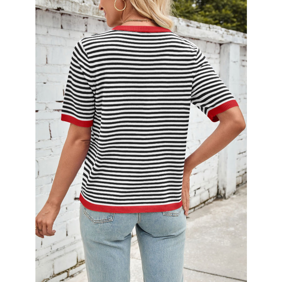 Lovelet Striped Contrast Round Neck Half Sleeve Knit Top Apparel and Accessories