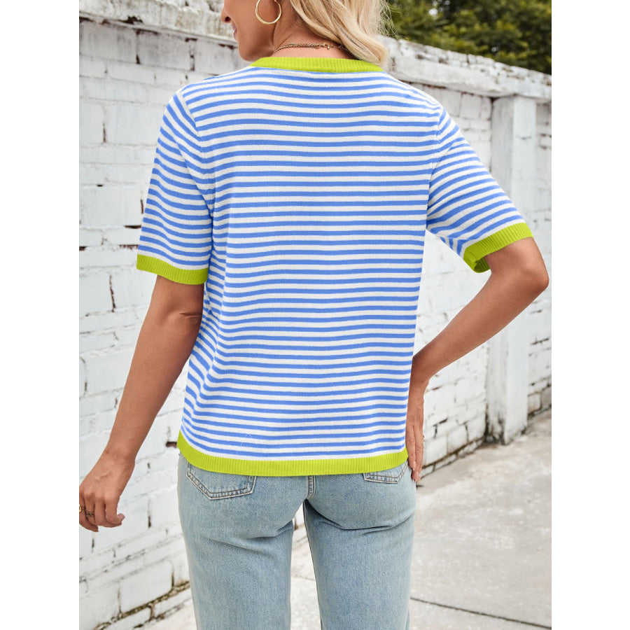 Lovelet Striped Contrast Round Neck Half Sleeve Knit Top Apparel and Accessories