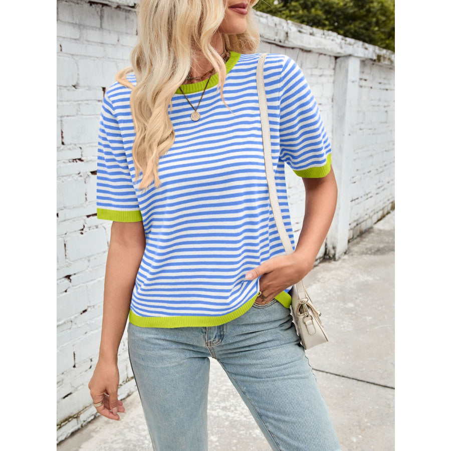 Lovelet Striped Contrast Round Neck Half Sleeve Knit Top Apparel and Accessories