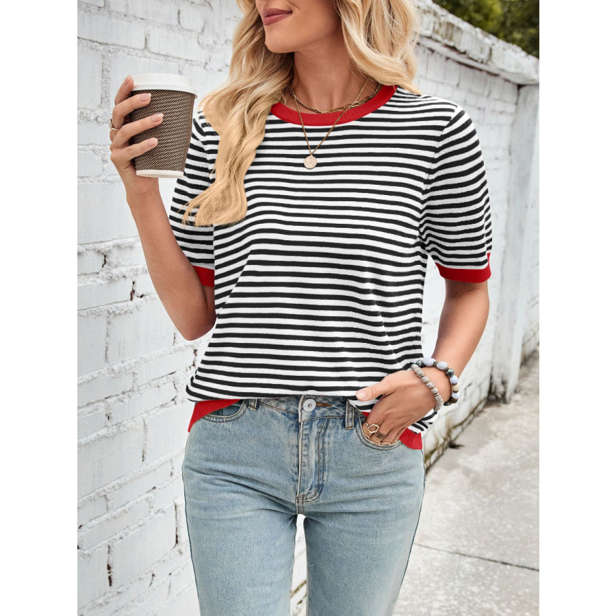 Lovelet Striped Contrast Round Neck Half Sleeve Knit Top Apparel and Accessories