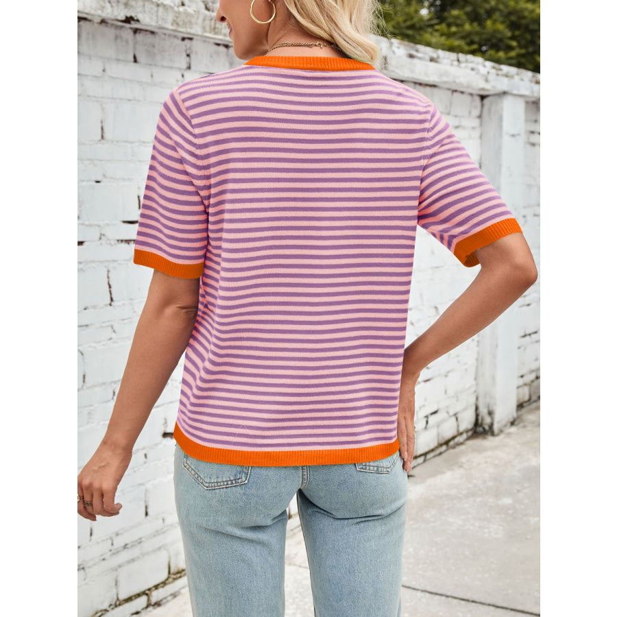 Lovelet Striped Contrast Round Neck Half Sleeve Knit Top Apparel and Accessories