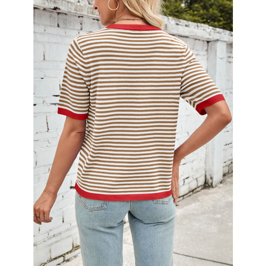 Lovelet Striped Contrast Round Neck Half Sleeve Knit Top Apparel and Accessories