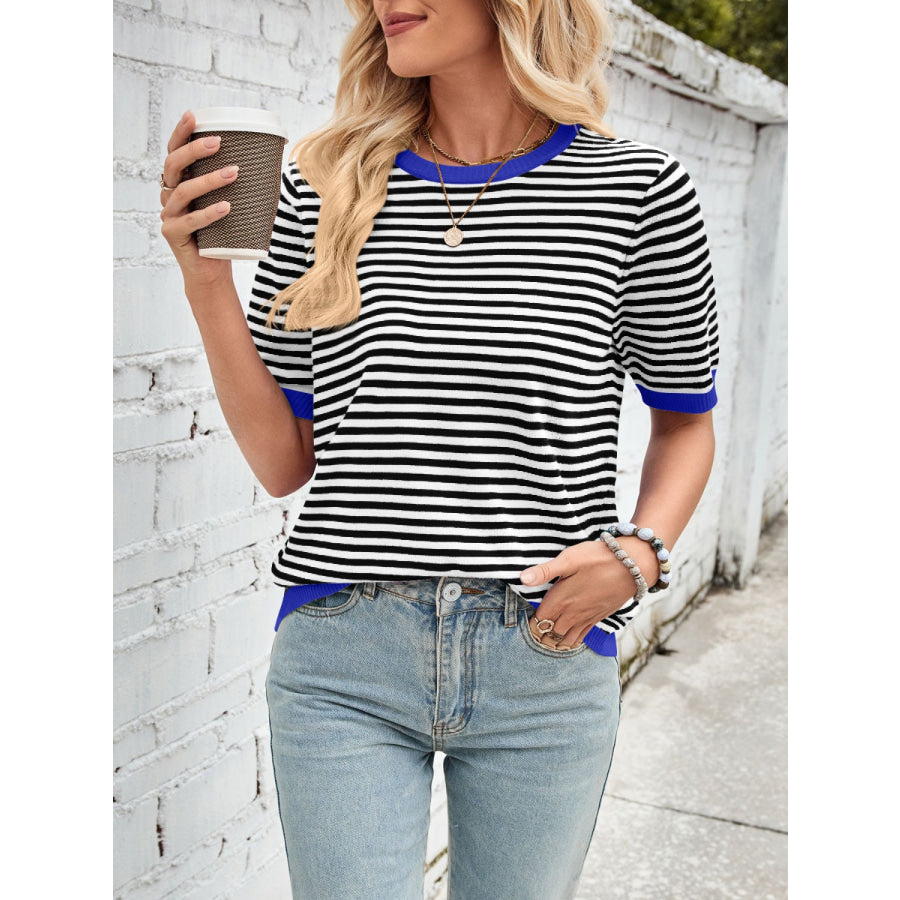 Lovelet Striped Contrast Round Neck Half Sleeve Knit Top Apparel and Accessories