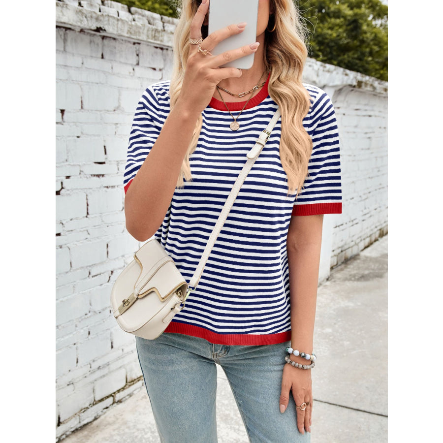 Lovelet Striped Contrast Round Neck Half Sleeve Knit Top Apparel and Accessories