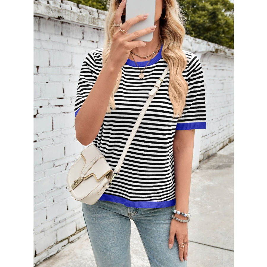 Lovelet Striped Contrast Round Neck Half Sleeve Knit Top Black / S Apparel and Accessories