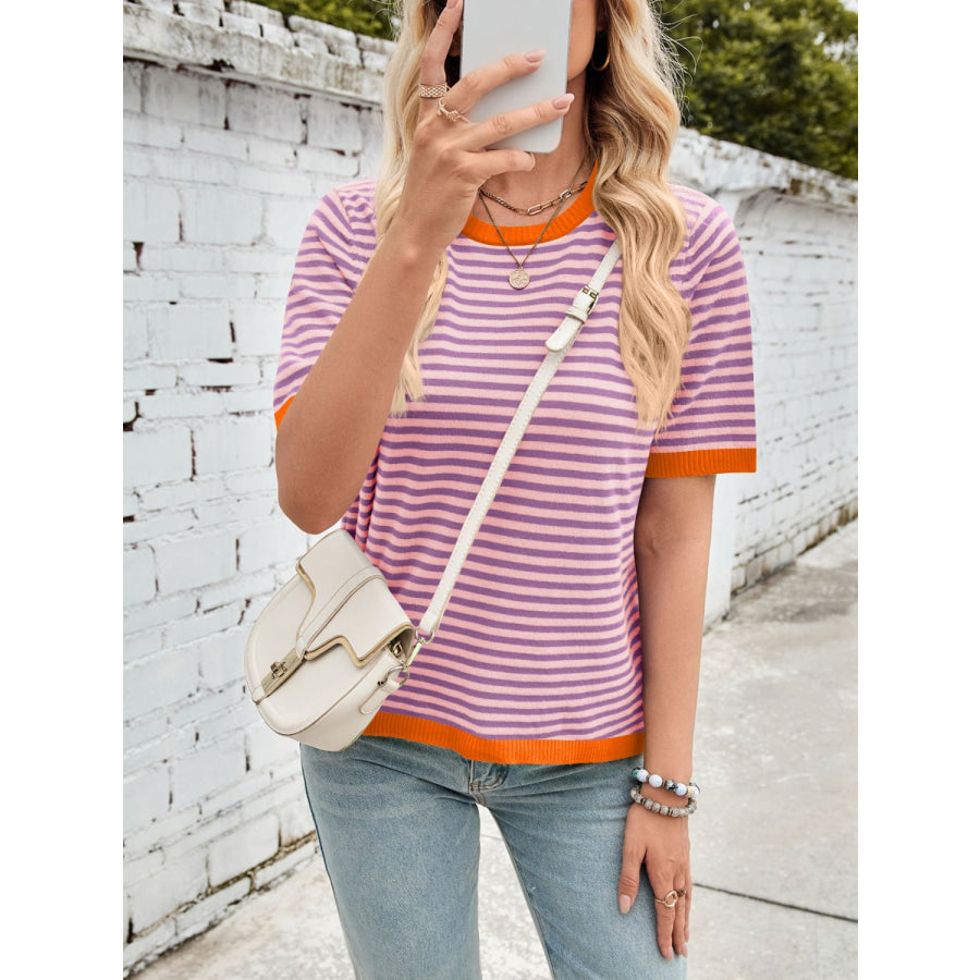 Lovelet Striped Contrast Round Neck Half Sleeve Knit Top Lilac / S Apparel and Accessories