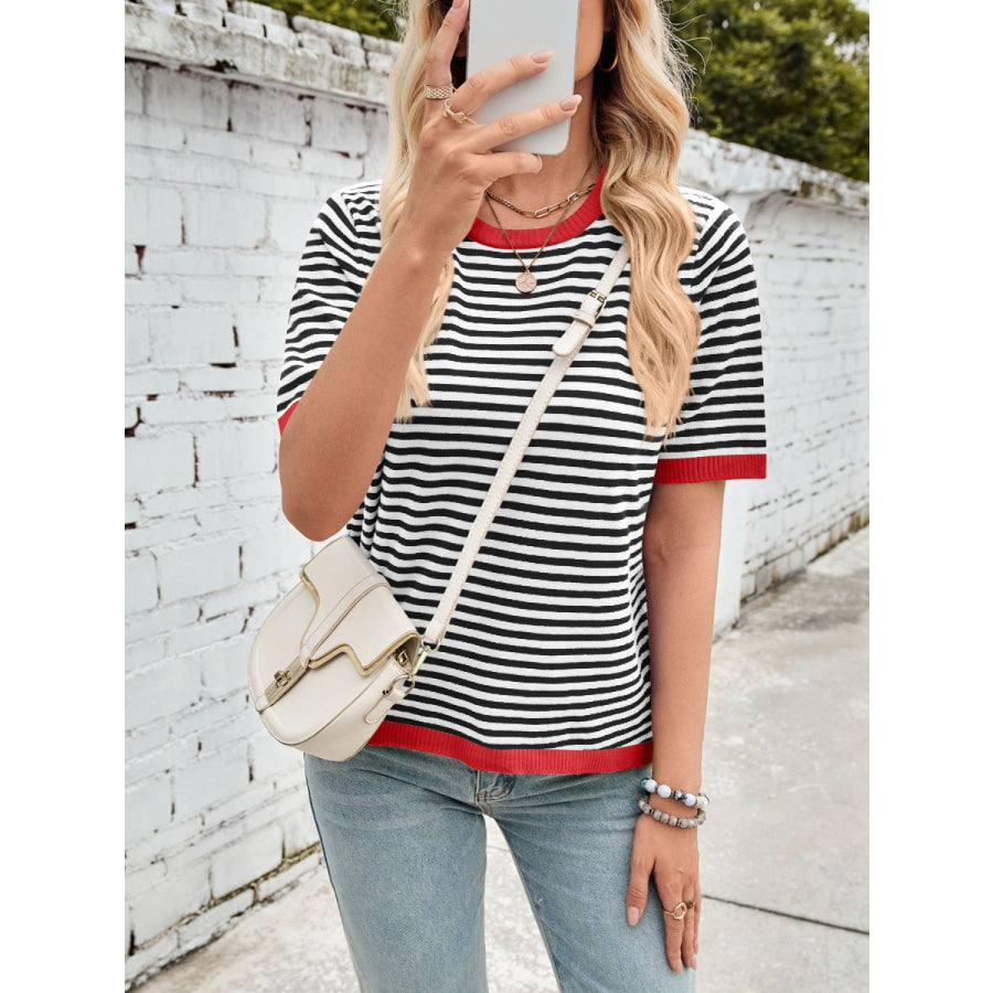 Lovelet Striped Contrast Round Neck Half Sleeve Knit Top Orange-Red / S Apparel and Accessories