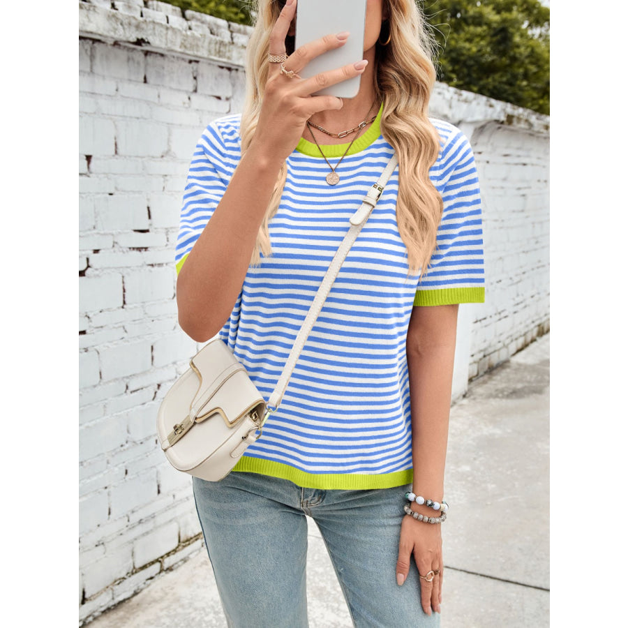 Lovelet Striped Contrast Round Neck Half Sleeve Knit Top Sky Blue / S Apparel and Accessories