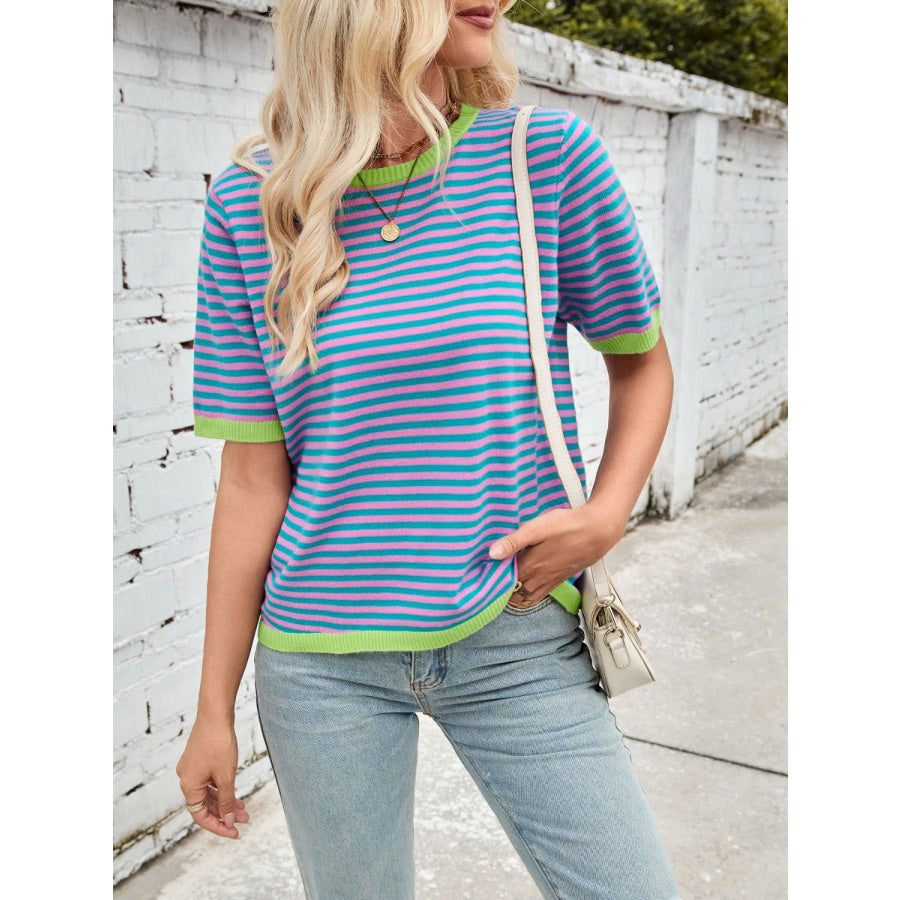 Lovelet Striped Contrast Round Neck Half Sleeve Knit Top Turquoise / S Apparel and Accessories