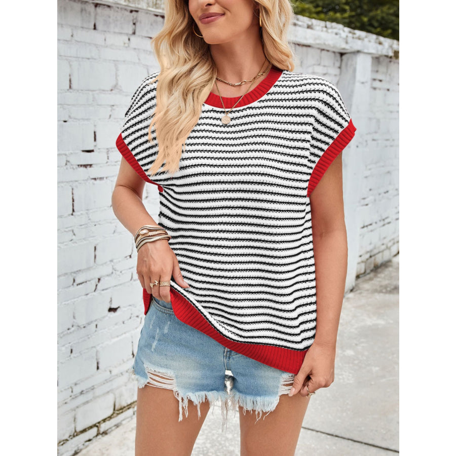 Lovelet Striped Round Neck Cap Sleeve Sweater Apparel and Accessories