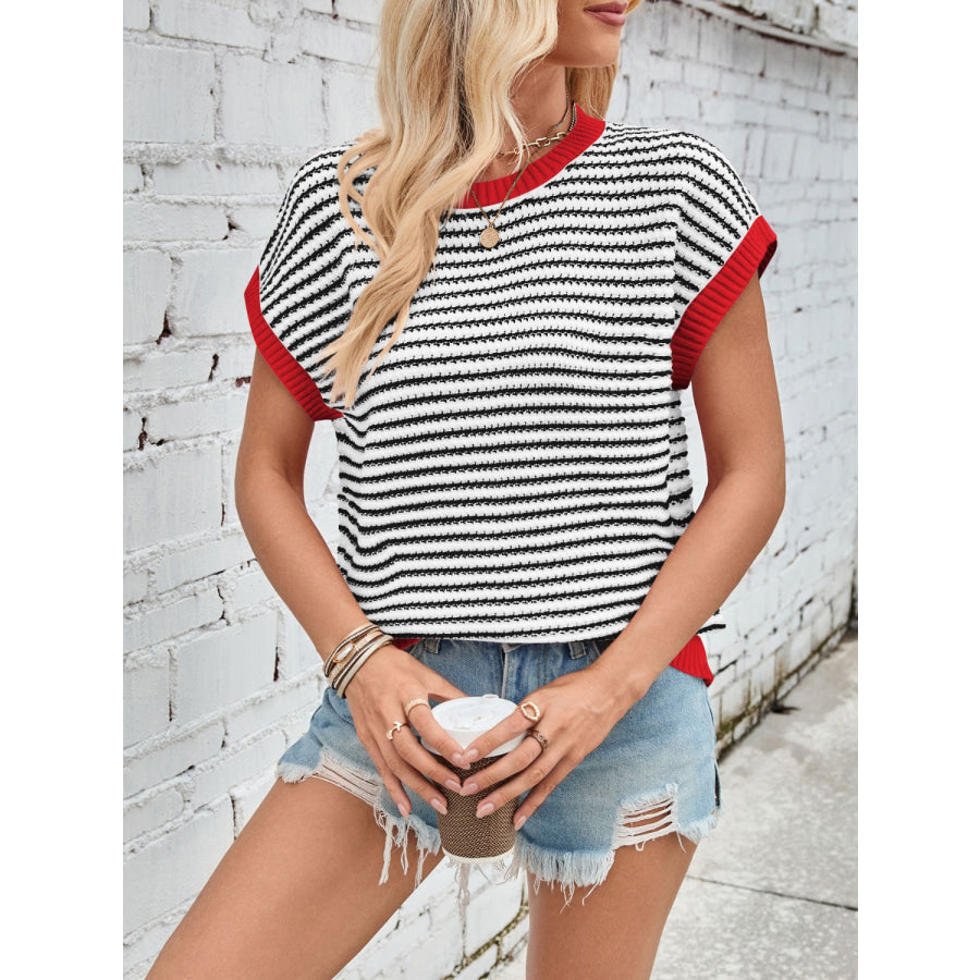 Lovelet Striped Round Neck Cap Sleeve Sweater Apparel and Accessories