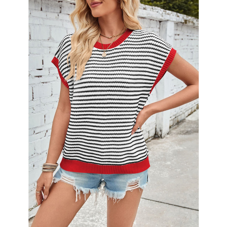 Lovelet Striped Round Neck Cap Sleeve Sweater Apparel and Accessories