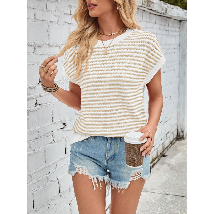 Lovelet Striped Round Neck Cap Sleeve Sweater Apparel and Accessories