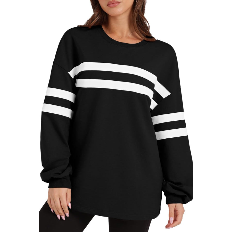 Lovelet Striped Round Neck Dropped Shoulder Sweatshirt Apparel and Accessories