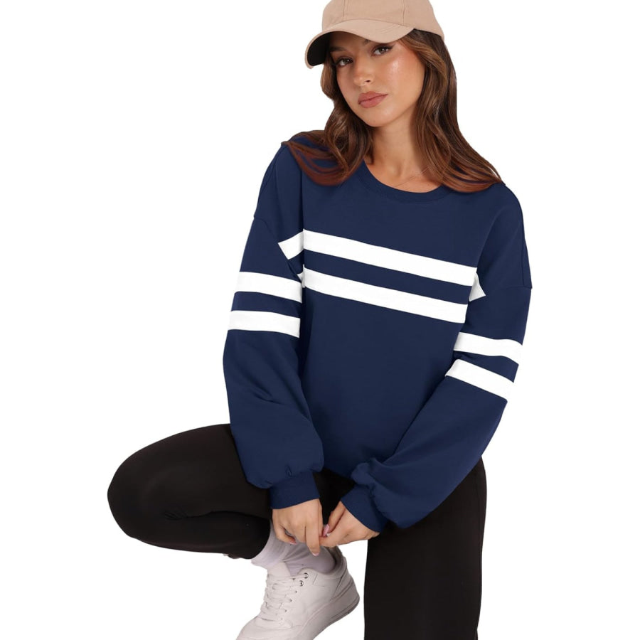 Lovelet Striped Round Neck Dropped Shoulder Sweatshirt Apparel and Accessories