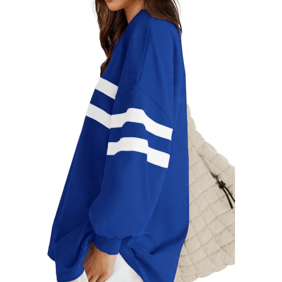 Lovelet Striped Round Neck Dropped Shoulder Sweatshirt Royal Blue / S Apparel and Accessories