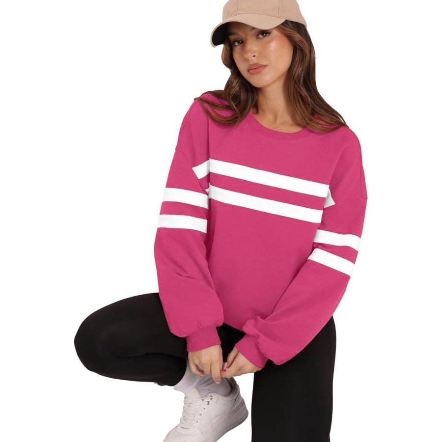 Lovelet Striped Round Neck Dropped Shoulder Sweatshirt Apparel and Accessories