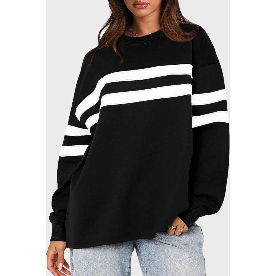 Lovelet Striped Round Neck Dropped Shoulder Sweatshirt Black / S Apparel and Accessories