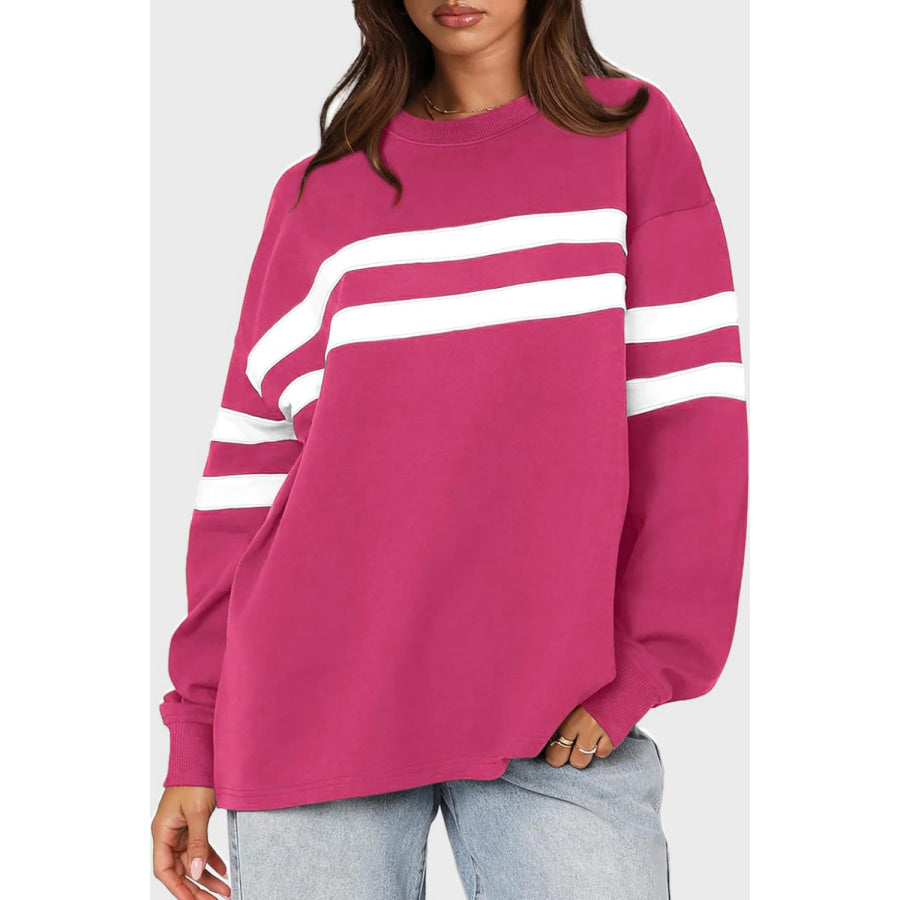 Lovelet Striped Round Neck Dropped Shoulder Sweatshirt Cerise / S Apparel and Accessories