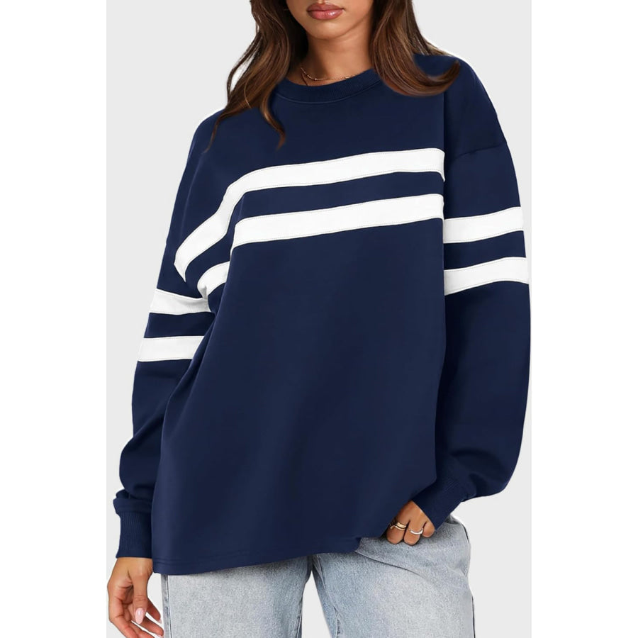 Lovelet Striped Round Neck Dropped Shoulder Sweatshirt Navy / S Apparel and Accessories