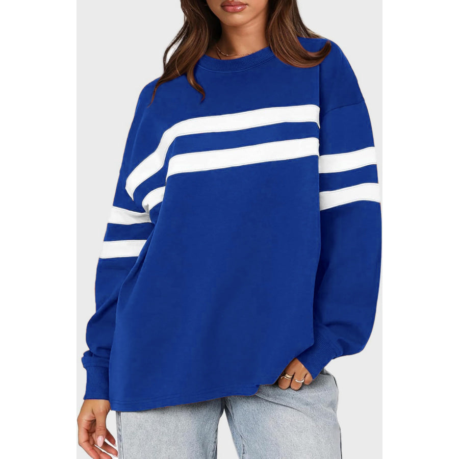 Lovelet Striped Round Neck Dropped Shoulder Sweatshirt Royal Blue / S Apparel and Accessories