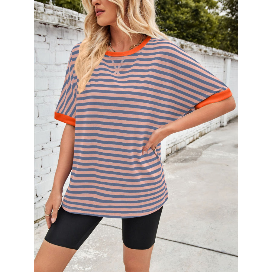 Lovelet Striped Round Neck Half Sleeve T-Shirt Apparel and Accessories