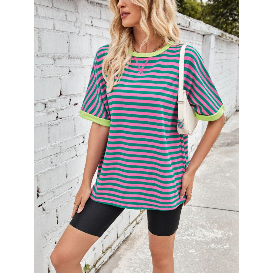 Lovelet Striped Round Neck Half Sleeve T-Shirt Apparel and Accessories