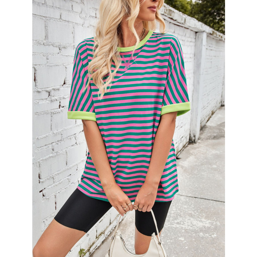 Lovelet Striped Round Neck Half Sleeve T-Shirt Apparel and Accessories