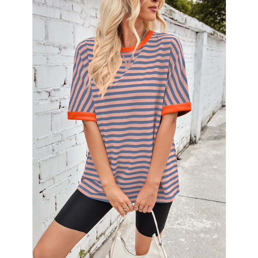 Lovelet Striped Round Neck Half Sleeve T-Shirt Apparel and Accessories