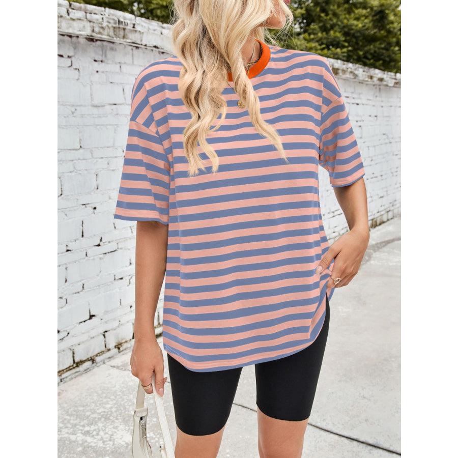 Lovelet Striped Round Neck Half Sleeve T-Shirt Apparel and Accessories