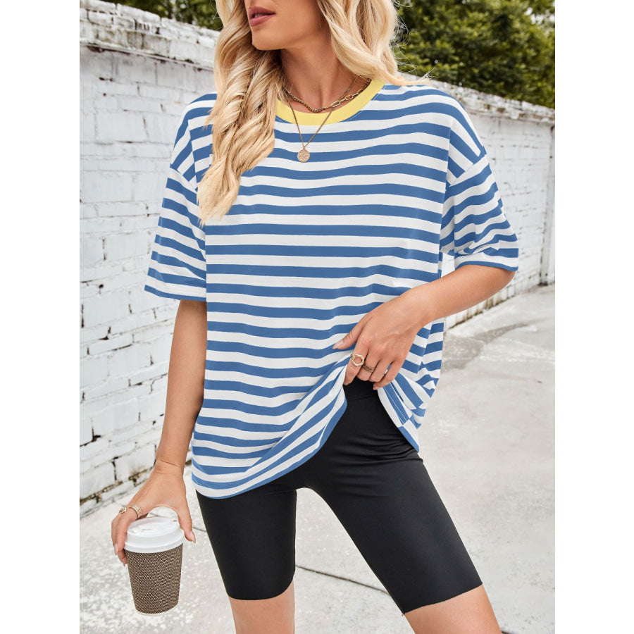 Lovelet Striped Round Neck Half Sleeve T-Shirt Apparel and Accessories