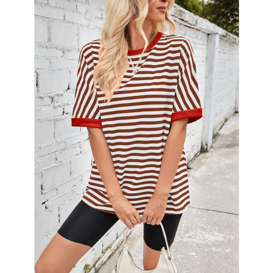 Lovelet Striped Round Neck Half Sleeve T-Shirt Apparel and Accessories