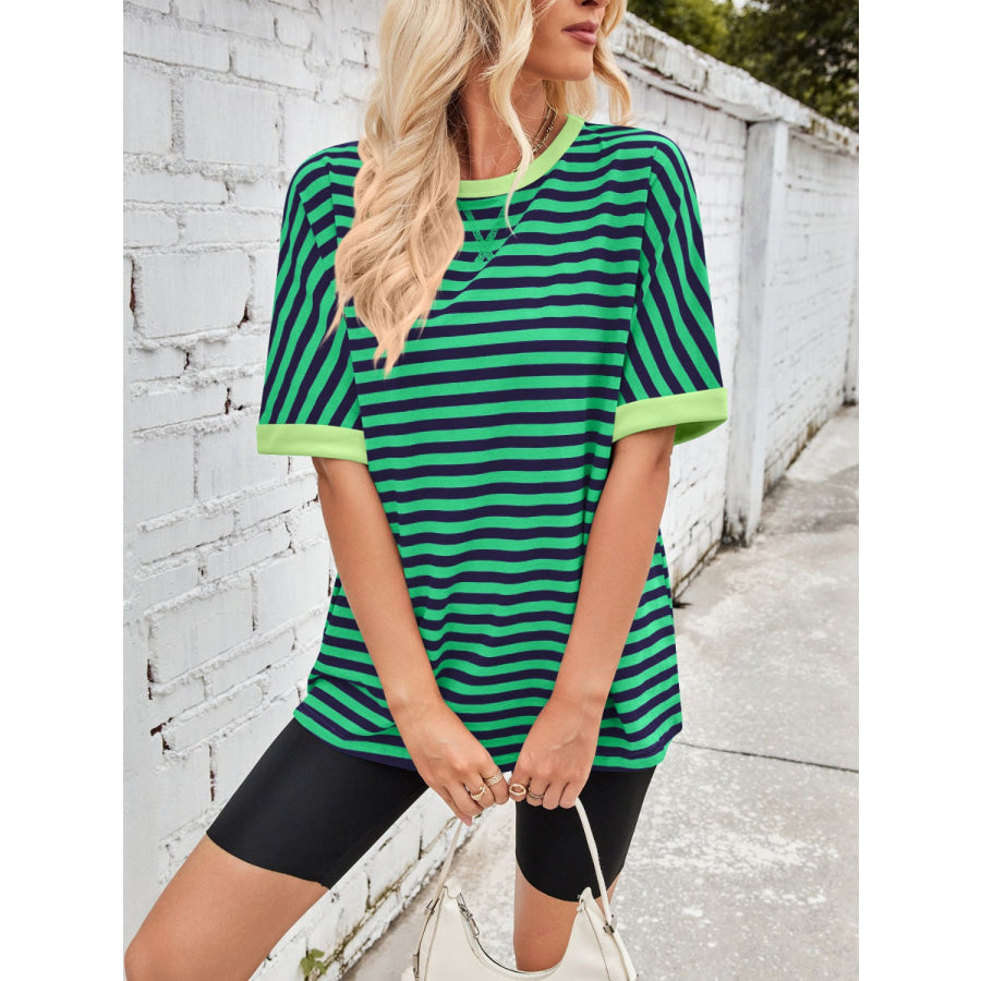 Lovelet Striped Round Neck Half Sleeve T-Shirt Apparel and Accessories