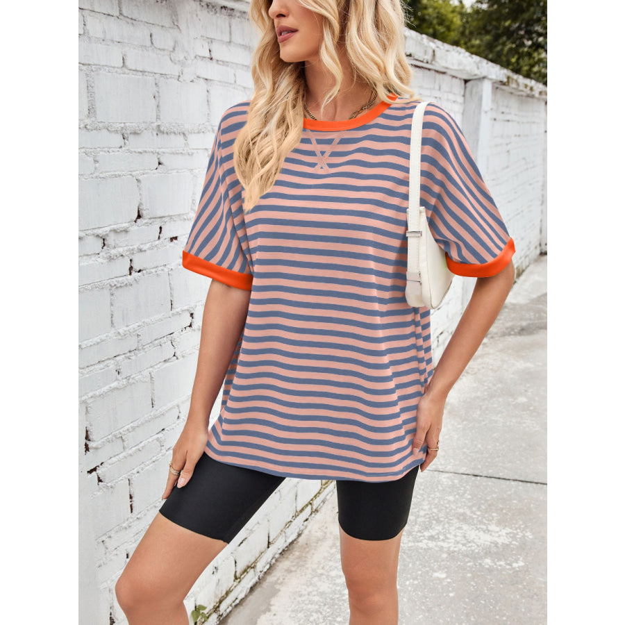 Lovelet Striped Round Neck Half Sleeve T-Shirt Apparel and Accessories