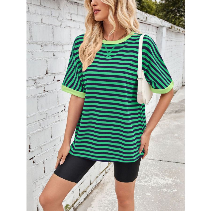 Lovelet Striped Round Neck Half Sleeve T-Shirt Apparel and Accessories