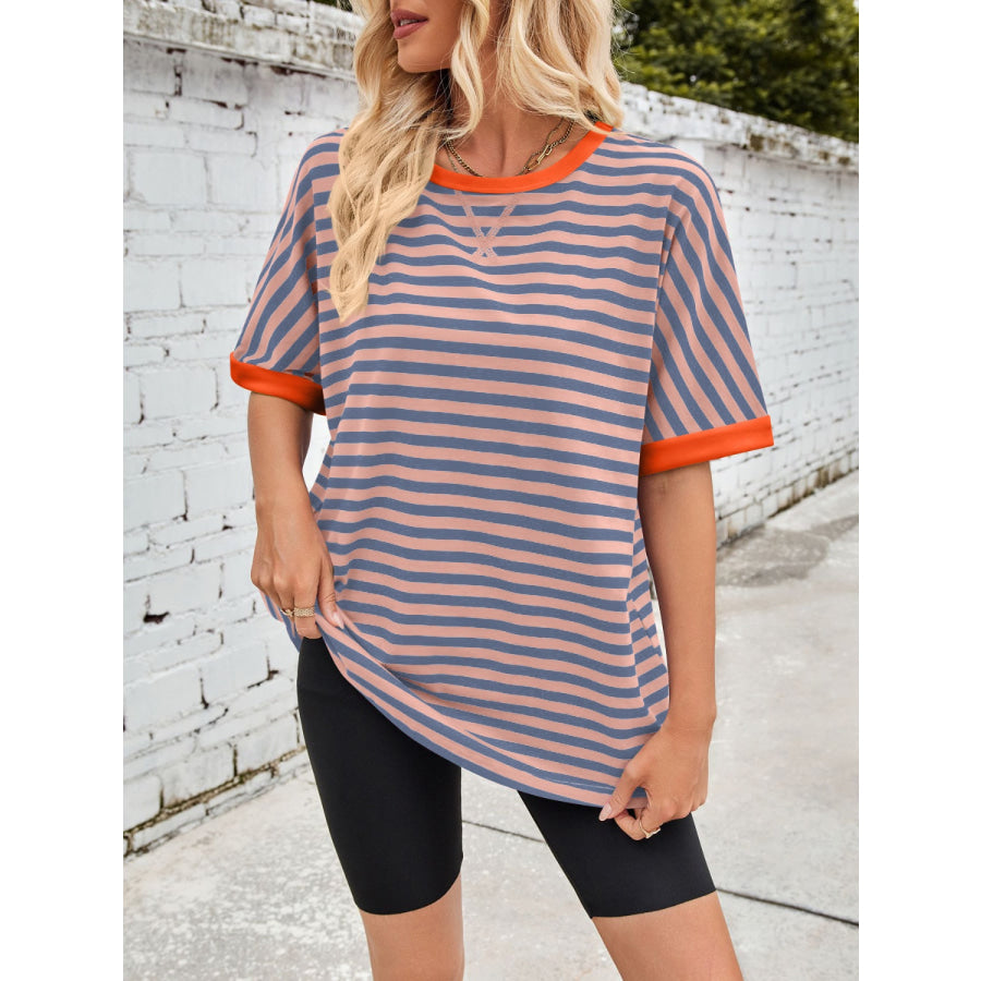 Lovelet Striped Round Neck Half Sleeve T-Shirt Apparel and Accessories