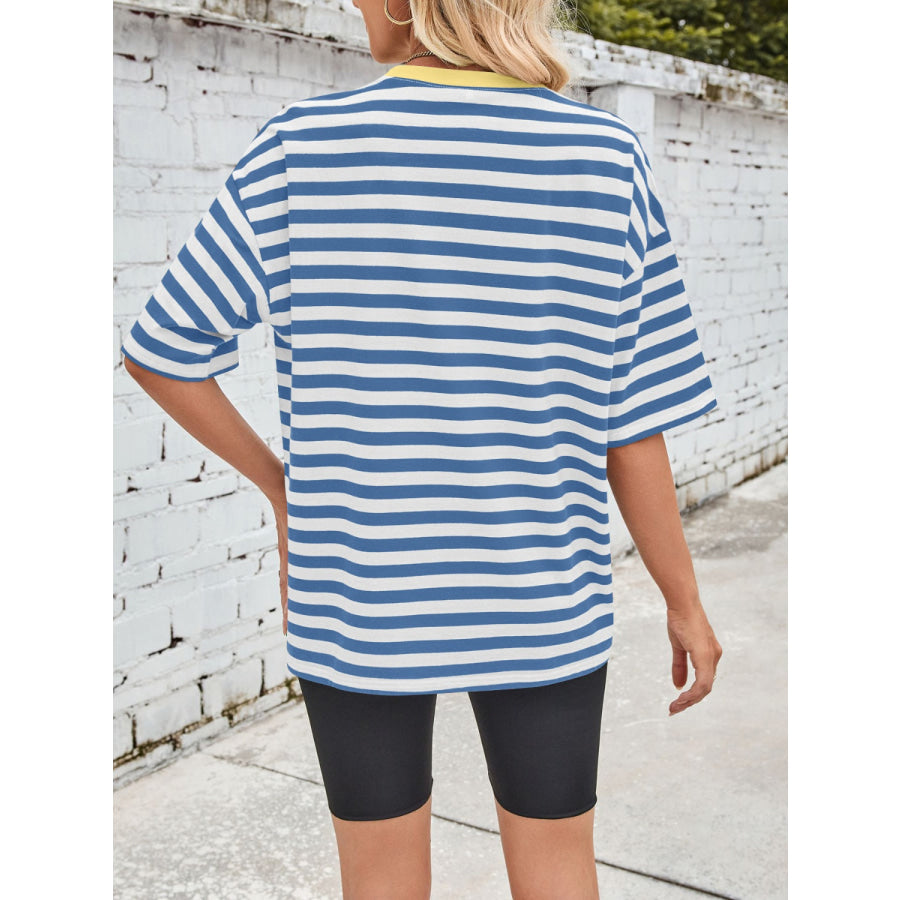 Lovelet Striped Round Neck Half Sleeve T-Shirt Blue / S Apparel and Accessories