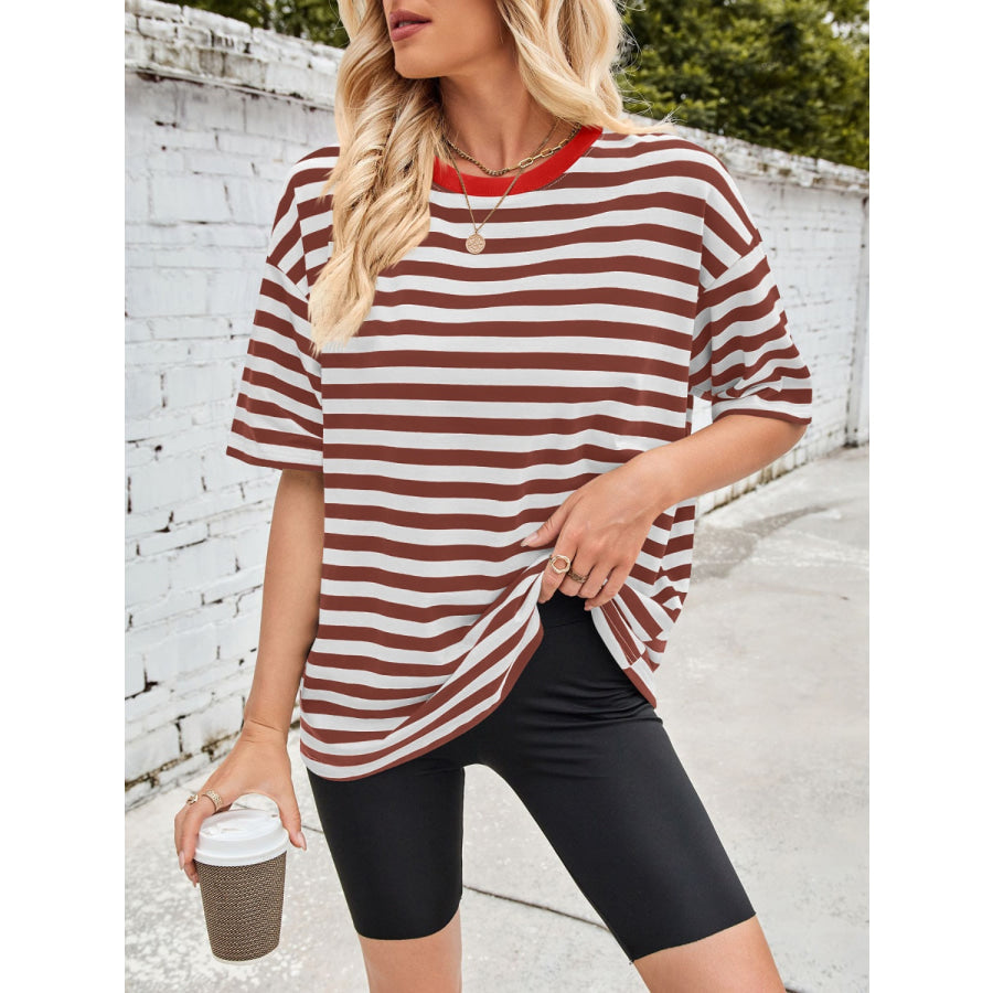 Lovelet Striped Round Neck Half Sleeve T-Shirt Brown / S Apparel and Accessories