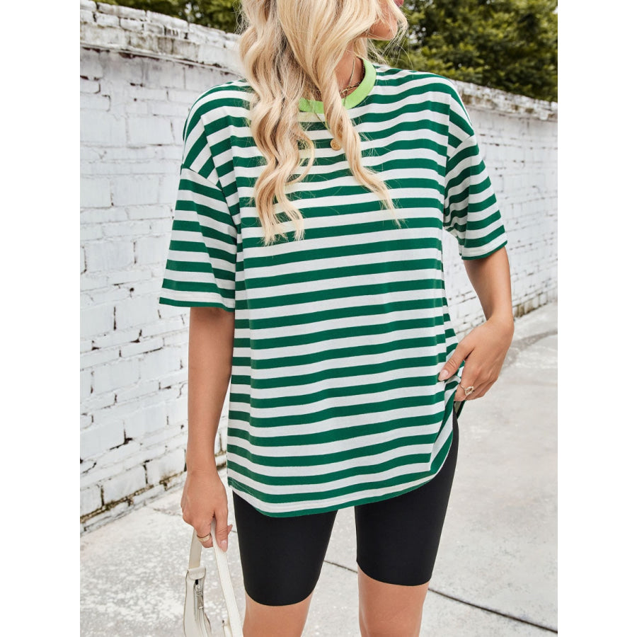 Lovelet Striped Round Neck Half Sleeve T-Shirt Dark Green / S Apparel and Accessories