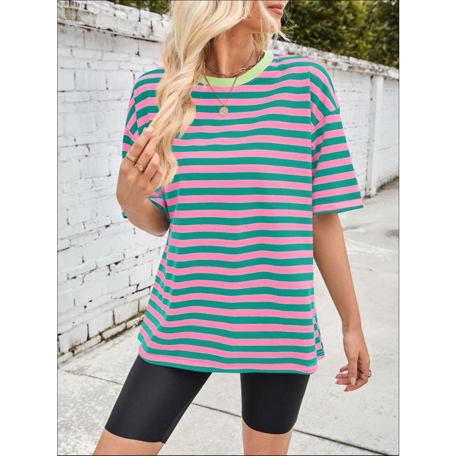 Lovelet Striped Round Neck Half Sleeve T-Shirt Dusty Pink / S Apparel and Accessories