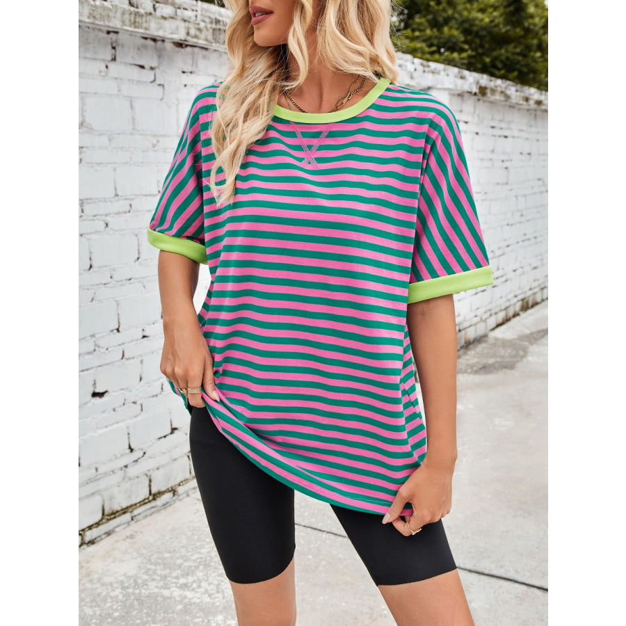 Lovelet Striped Round Neck Half Sleeve T-Shirt Dusty Pink / S Apparel and Accessories