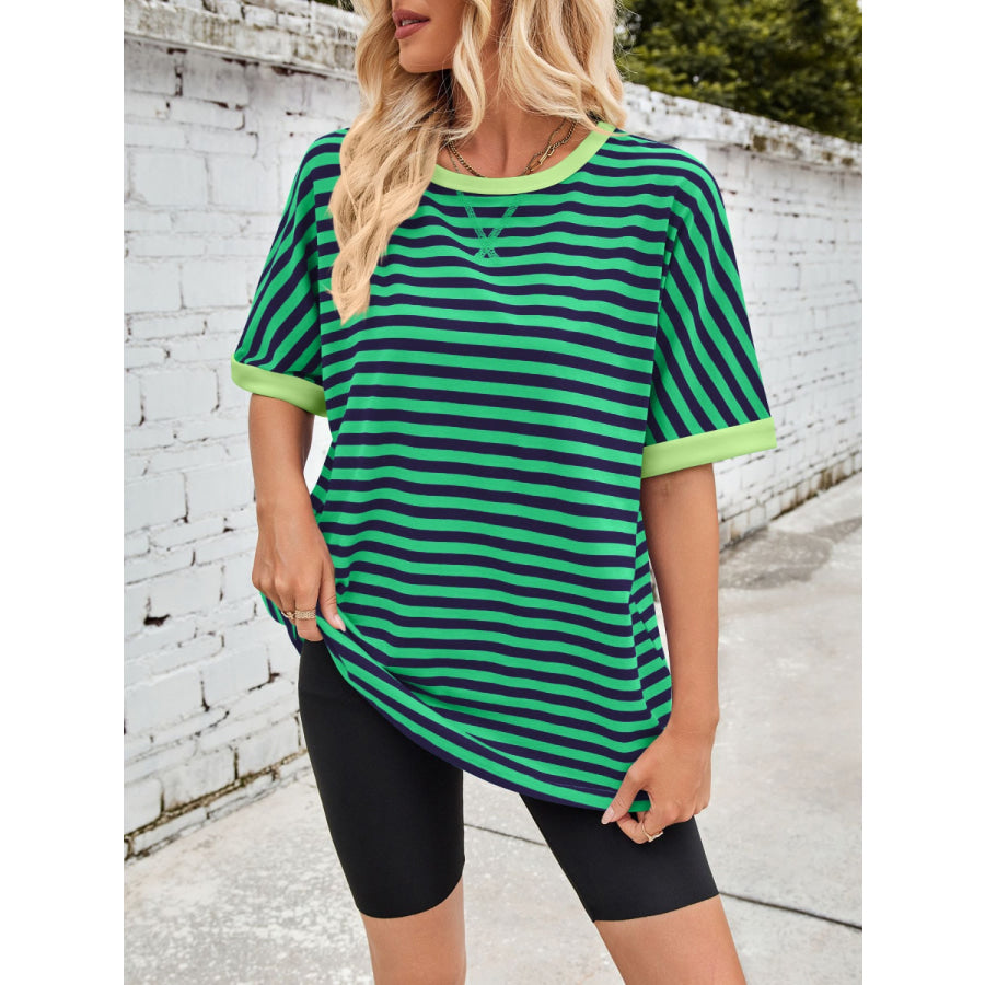 Lovelet Striped Round Neck Half Sleeve T-Shirt Green / S Apparel and Accessories