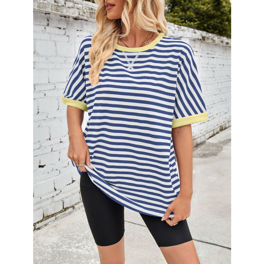 Lovelet Striped Round Neck Half Sleeve T-Shirt Royal Blue / S Apparel and Accessories